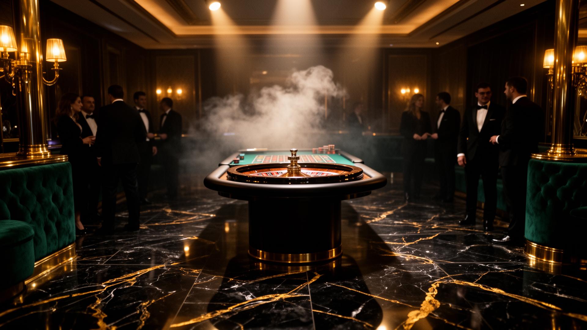 Private VIP casino lounge with roulette table and chandeliers